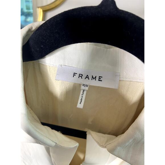 Frame Pleated Button-front Leather Shirt In Bone size M medium - Picture 3 of 7